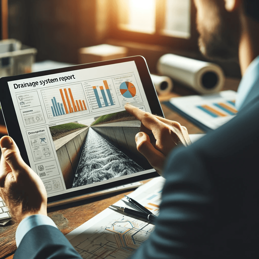 A photo of a drainage survey customer viewing their report.
