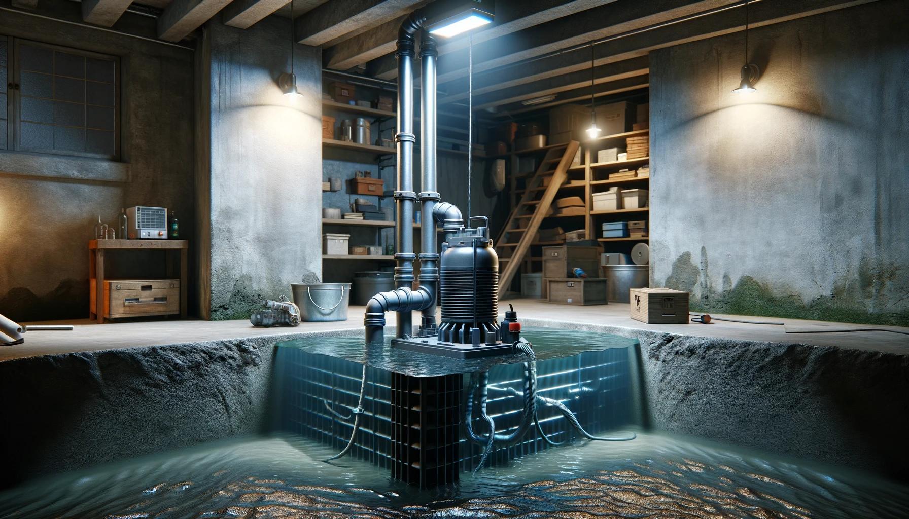 A cut away Illustration of a working sump pump in a home basement designed to be futuristic